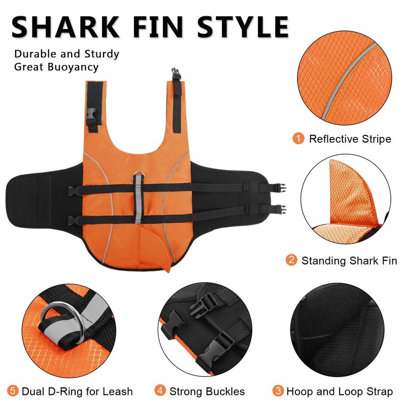 Queenmore Ripstop Dog Life Jacket Shark Life Vest for Dogs, Safety Lifesaver with High Buoyancy and Lift Handle for Small and Medium Breedsï¼ˆOrange Sï¼‰ - Image 4
